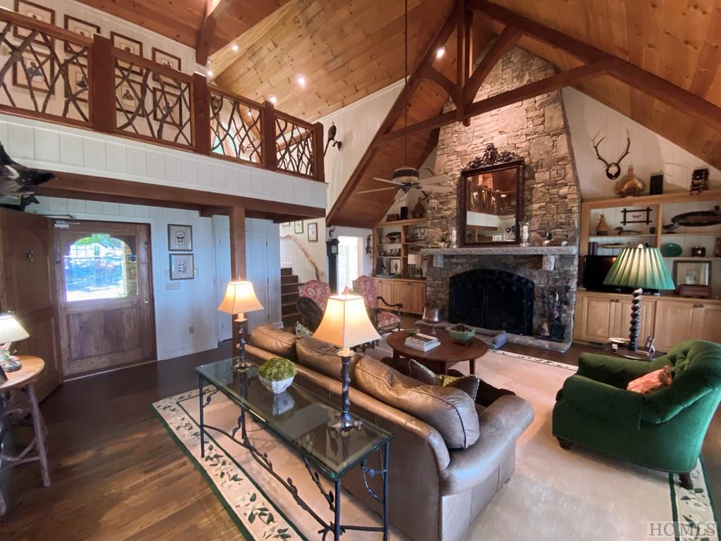 Great room with stunning stone fireplace